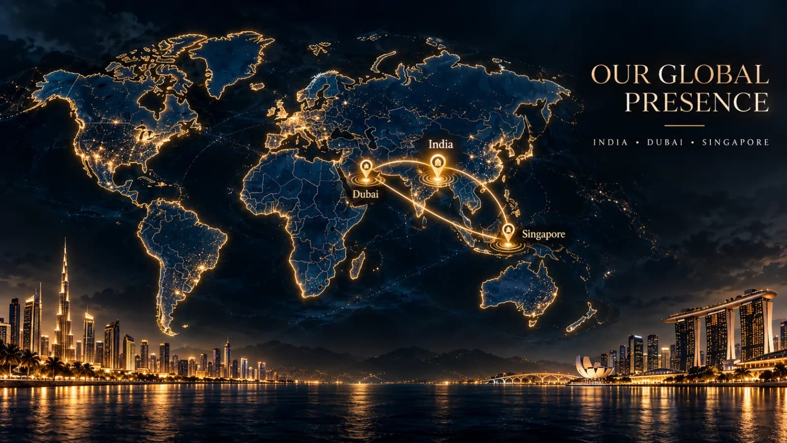 Night map of the world marking ElitePro Infra's three markets — India, Dubai and Singapore — joined by flight paths.
